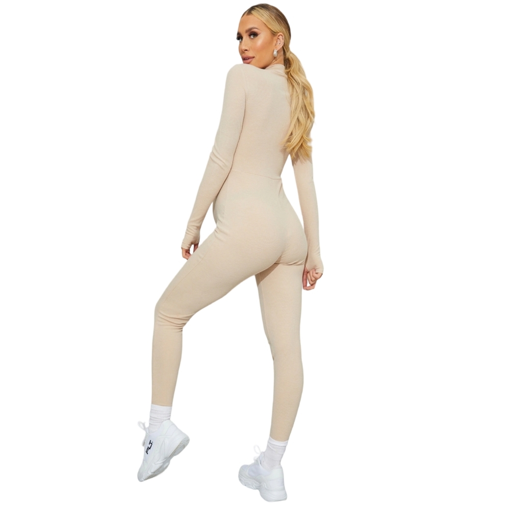 PrettyLittleThing Maternity Ribbed Zip Front Long Sleeve Jumpsuit Beige US 10 - Picture 3 of 12